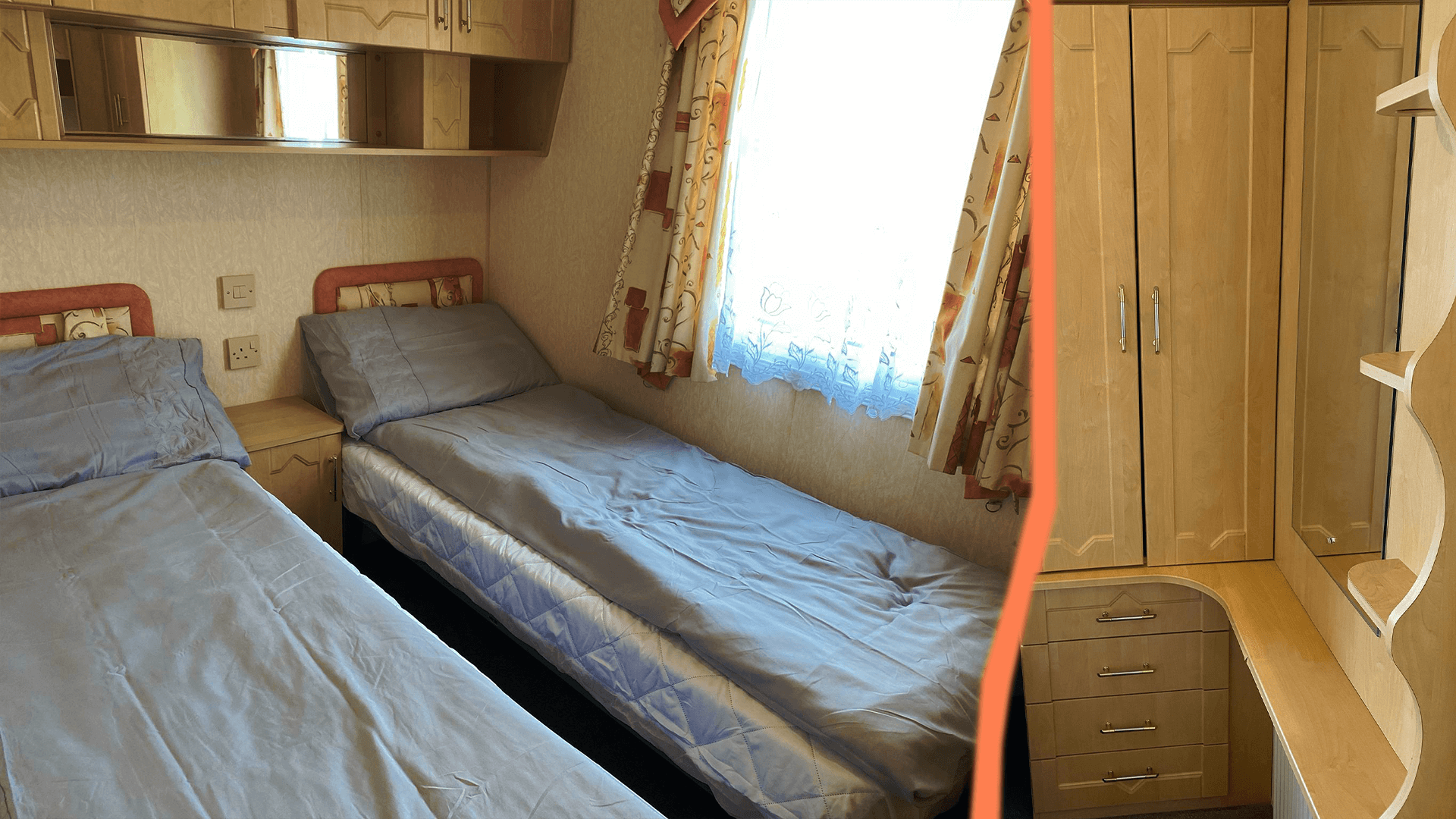 Second bedroom with twin beds, perfect for children or guests, with a small dresser / mirror and tall wardrobe